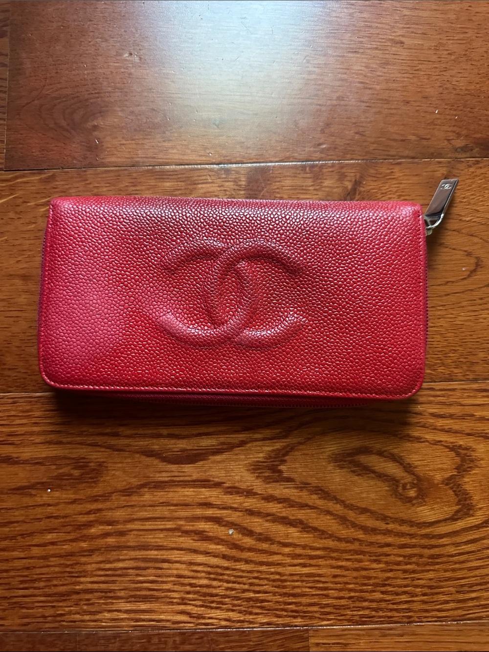Authentic Chanel Red Quilted Leather Zip Wallet with Embossed CC Logo